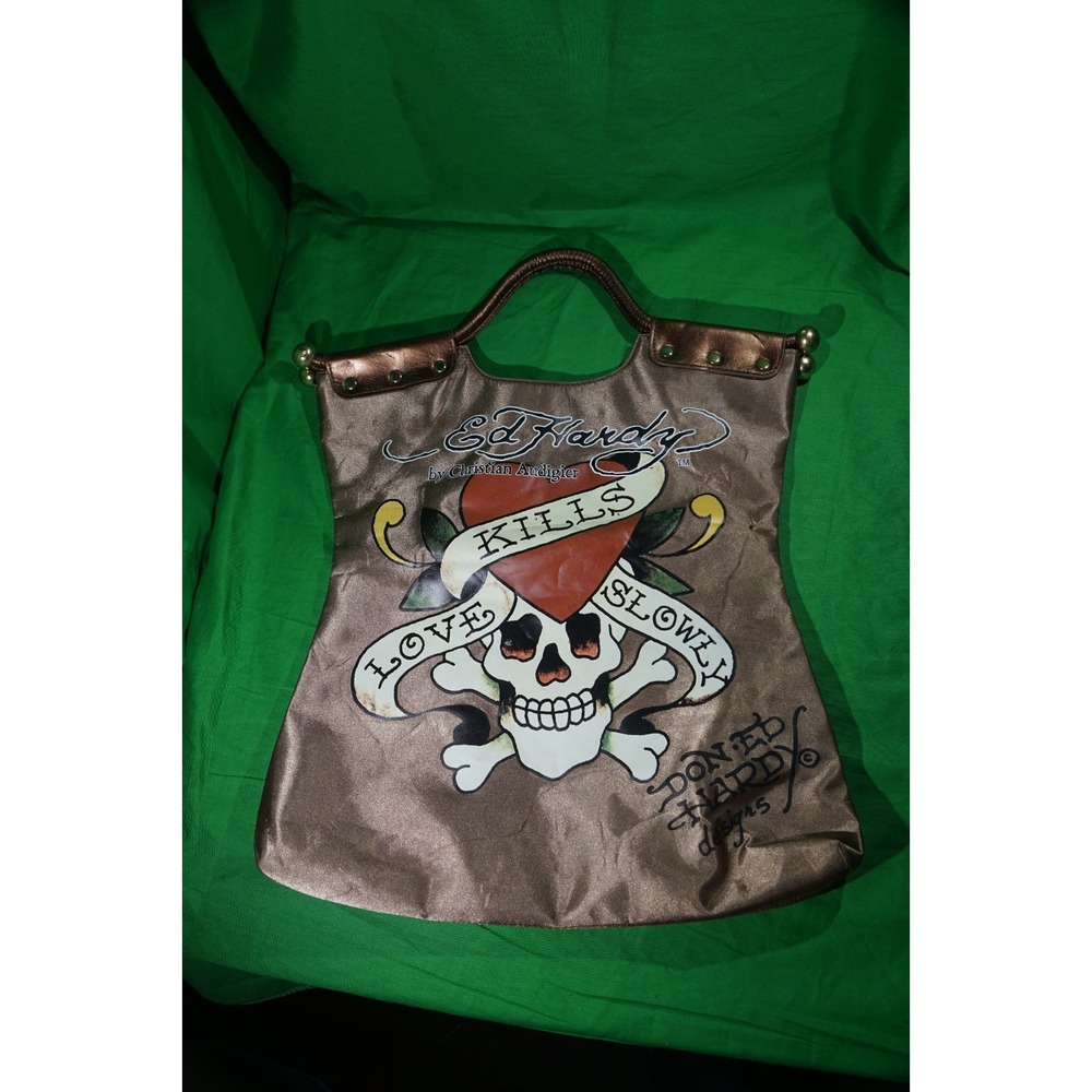 LARGE Ed Hardy " Love‎ Kills Slowly" Bronze Purse Bag Tote By Christian Audigier
